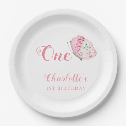 Roze Waterverf vlinder 1e verjaardagsfeest Papieren Bordje (Voorkant)