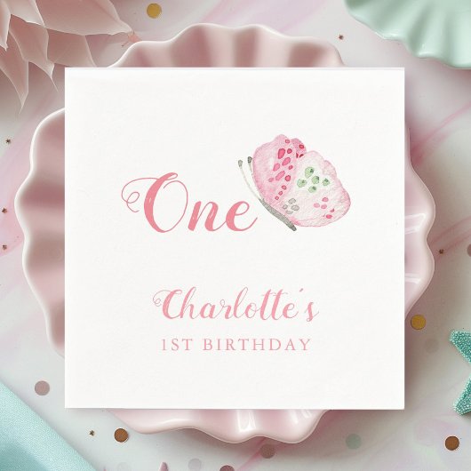 Roze Waterverf vlinder 1e verjaardagsfeest Servet