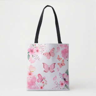 Roze Waterverf Vlinder Bloem Tuin Tote Bag