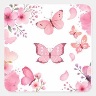 Roze Waterverf Vlinder Bloem Tuin Vierkante Sticker