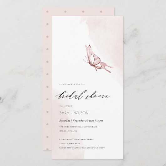 ROZE WATERVERF VLINDER BRUIDSSLUIER UITNODIGING (Voorkant / Achterkant)