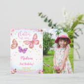 Roze Waterverf Vlinder Fotouitnodiging Kaart (Staand voorkant)