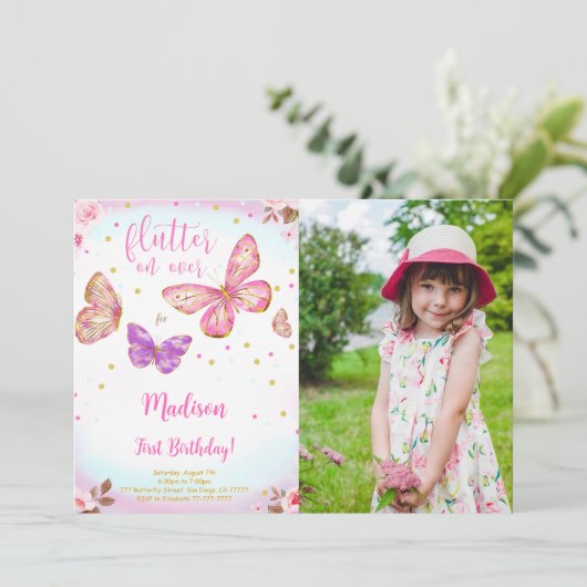Roze Waterverf Vlinder Fotouitnodiging Kaart (Staand voorkant)