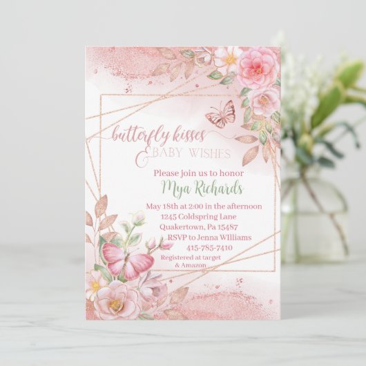 Roze Waterverf Vlinder kust Baby shower Kaart (Staand voorkant)