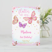 Roze Waterverf vlinder verjaardagsuitnodiging Kaart (Staand voorkant)