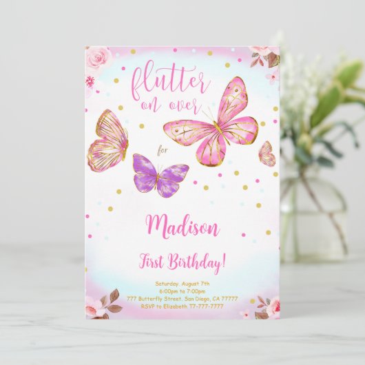 Roze Waterverf vlinder verjaardagsuitnodiging Kaart (Staand voorkant)