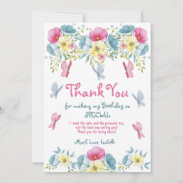 Roze Waterverf Vlinders Bloemen Verjaardag Bedankkaart