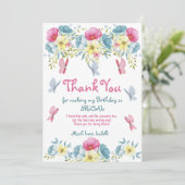Roze Waterverf Vlinders Bloemen Verjaardag Bedankkaart (Staand voorkant)