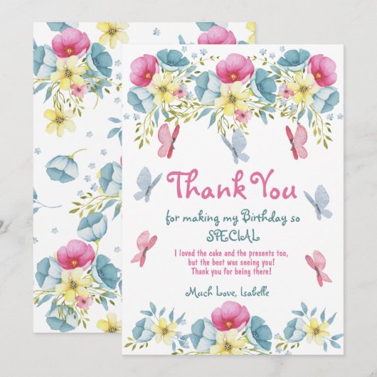 Roze Waterverf Vlinders Bloemen Verjaardag Bedankkaart (Voorkant / Achterkant)