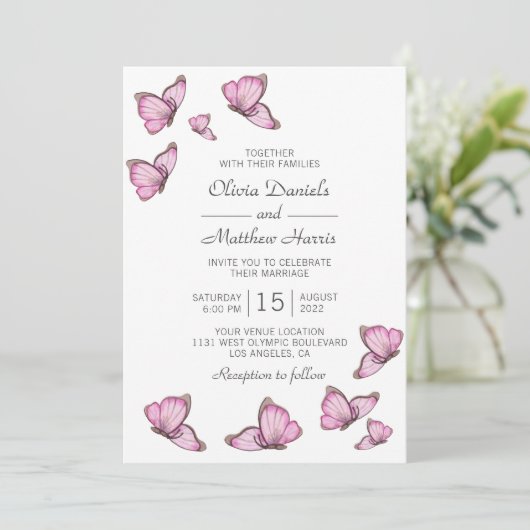Roze waterverf vlinders. Elegante bruiloft Kaart (Staand voorkant)