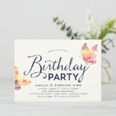 Roze Waterverf Vlinders Verjaardagsuitnodiging Kaart (Staand voorkant)