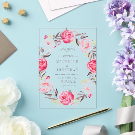 Roze Waterverf Vloeiend Wreath Weddenschap Acryl Uitnodigingen (Insitu (Huwelijk))