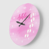 Roze Waterverf Voetafdruk Kleine naam Baby Grote Klok (Hoek)