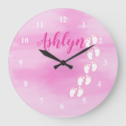 Roze Waterverf Voetafdruk Kleine naam Baby Grote Klok (Voorkant)