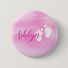 Roze Waterverf Voetafdruk Kleine naam Baby Ronde Button 5,7 Cm