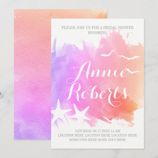 Roze waterverf, vrijgezellenfeest van de zeestervi kaart (Voorkant / Achterkant)