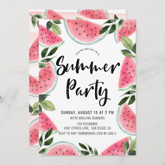 Roze Waterverf Watermeloen Summer Party Kaart (Voorkant / Achterkant)