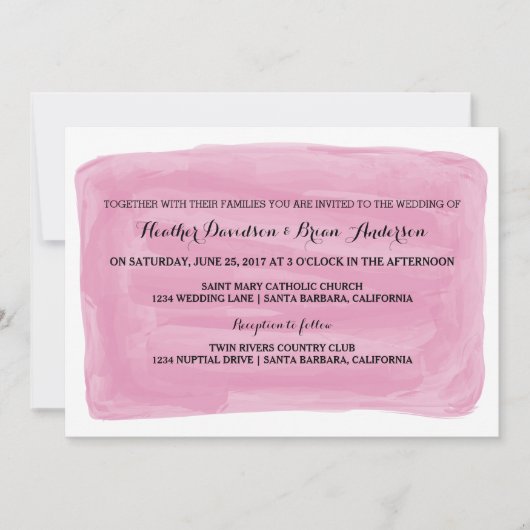 Roze Waterverf Wedding Invite Kaart (Voorkant)