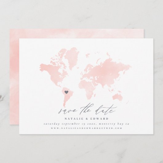 Roze waterverf wereldkaart bruiloft aankondiging (Voorkant / Achterkant)