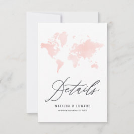 Roze waterverf wereldkaart bruiloft details RSVP kaartje