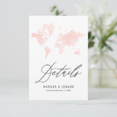 Roze waterverf wereldkaart bruiloft details RSVP kaartje (Staand voorkant)
