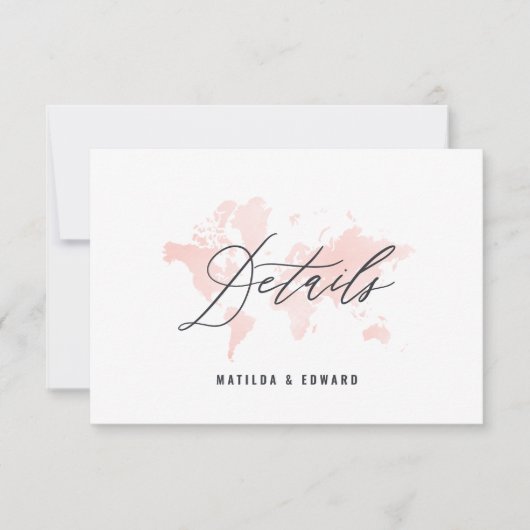 Roze waterverf wereldkaart bruiloft details RSVP kaartje (Voorkant)