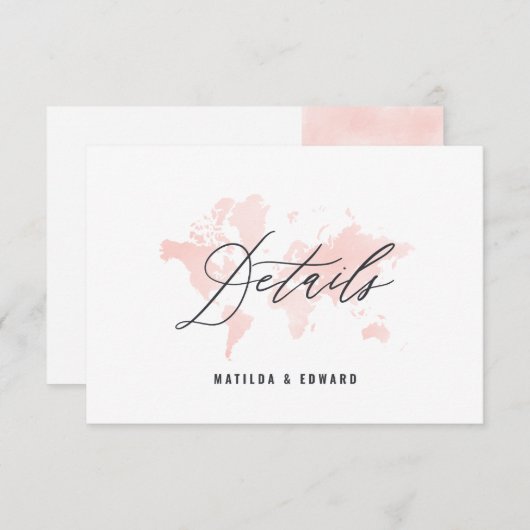Roze waterverf wereldkaart bruiloft details RSVP kaartje (Voorkant / Achterkant)