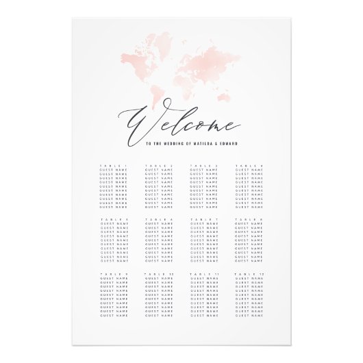 Roze waterverf wereldkaart trouwzitplaats foto afdruk (Voorkant)