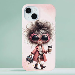 Roze Waterverf Whimsical Quirky Girl Coffee Run iPhone 15 Case