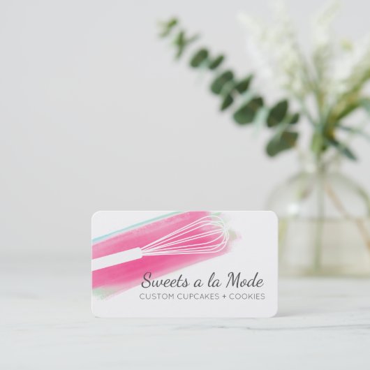 Roze waterverf whiskybakkerijkoek bu visitekaartje (Staand voorkant)