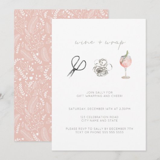 Roze Waterverf Wijn Wrap Kerstfeest Kaart (Voorkant / Achterkant)
