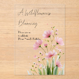 Roze waterverf wildbloem 1e verjaardagsuitnodiging acryl uitnodigingen