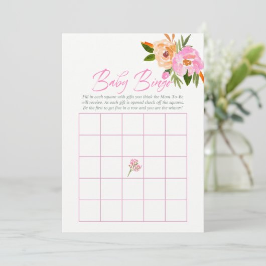 Roze waterverf wildbloemen Baby shower Baby Bingo Kaart (Staand voorkant)