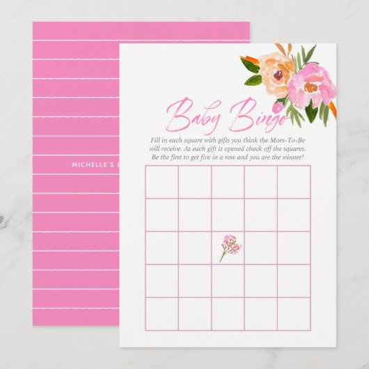 Roze waterverf wildbloemen Baby shower Baby Bingo Kaart (Voorkant / Achterkant)