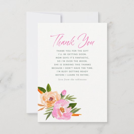 Roze waterverf wildbloemen Baby shower Dank u Bedankkaart (Voorkant)