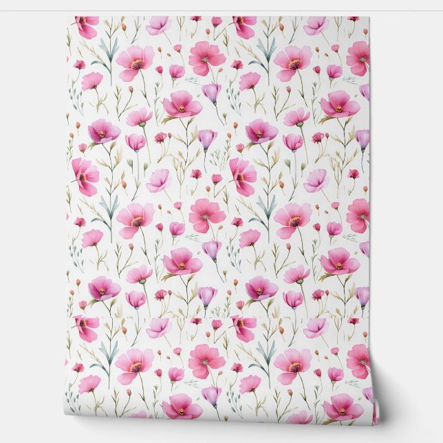Roze waterverf wilde bloem behang (Afrollen)