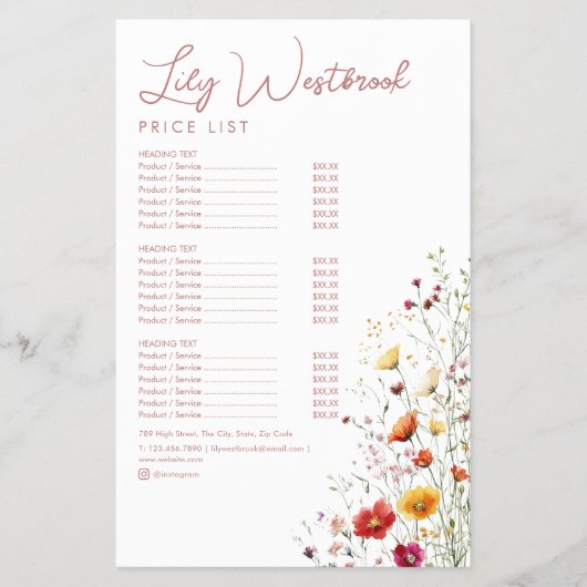 Roze Waterverf Wilde Bloem Elegante Service Menu (Voorkant)
