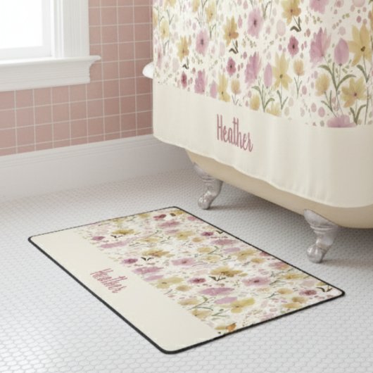 Roze Waterverf Wilde Bloem Monogramnaam Badmat