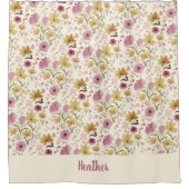 Roze Waterverf Wilde Bloem Monogramnaam Douchegordijn (Voorkant)