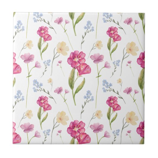 Roze Waterverf Wilde Bloem Tegeltje (Voorkant)