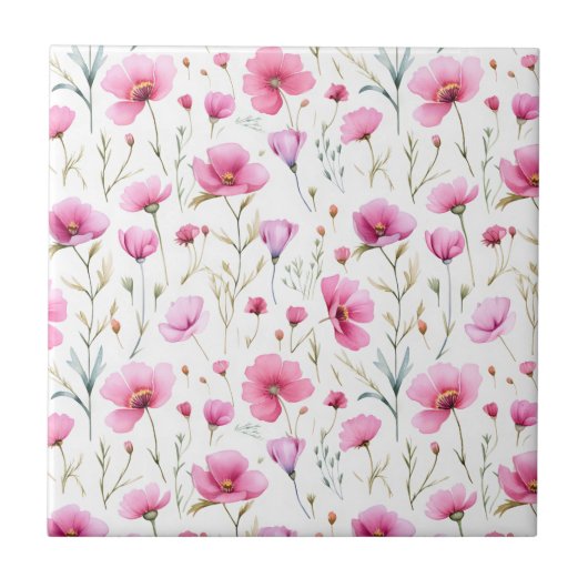 Roze waterverf wilde bloem tegeltje (Voorkant)