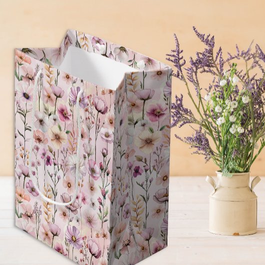 Roze Waterverf Wildflower Gift Bag – Dusty Floral Medium Cadeauzakje