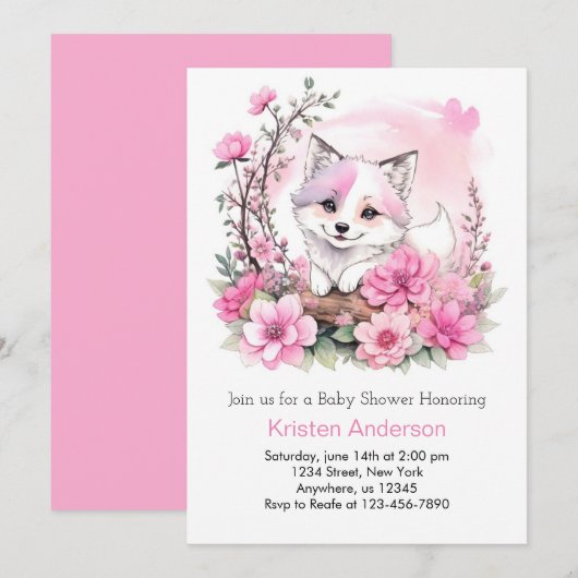 Roze Waterverf Wolf Bliss Meisje Baby shower Kaart (Voorkant / Achterkant)