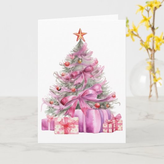  Roze Waterverf Xmas Tree Kaart (Gele Bloem)