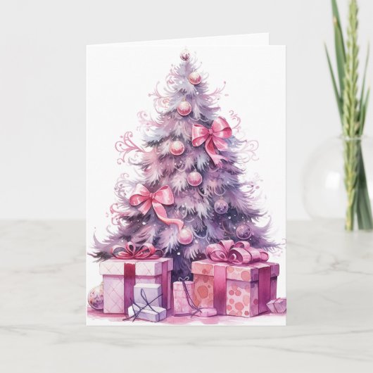 Roze Waterverf Xmas Tree Kaart (Voorkant)