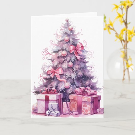Roze Waterverf Xmas Tree Kaart (Gele Bloem)