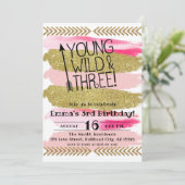 Roze Waterverf Young Wild & Three 3rd Birthday Kaart (Staand voorkant)