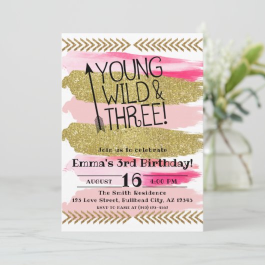 Roze Waterverf Young Wild & Three 3rd Birthday Kaart (Staand voorkant)