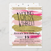 Roze Waterverf Young Wild & Three 3rd Birthday Kaart (Voorkant / Achterkant)