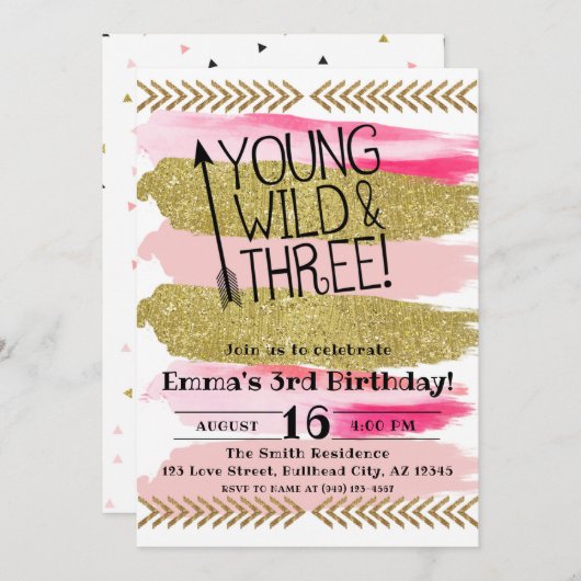 Roze Waterverf Young Wild & Three 3rd Birthday Kaart (Voorkant / Achterkant)